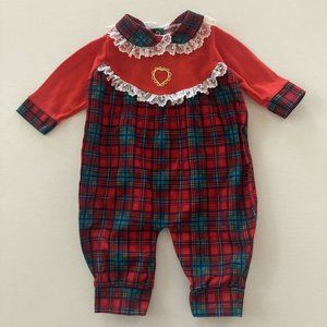 Vintage USA Baby Girl 3-6 Months Holiday Christmas Red Plaid Romper Lace